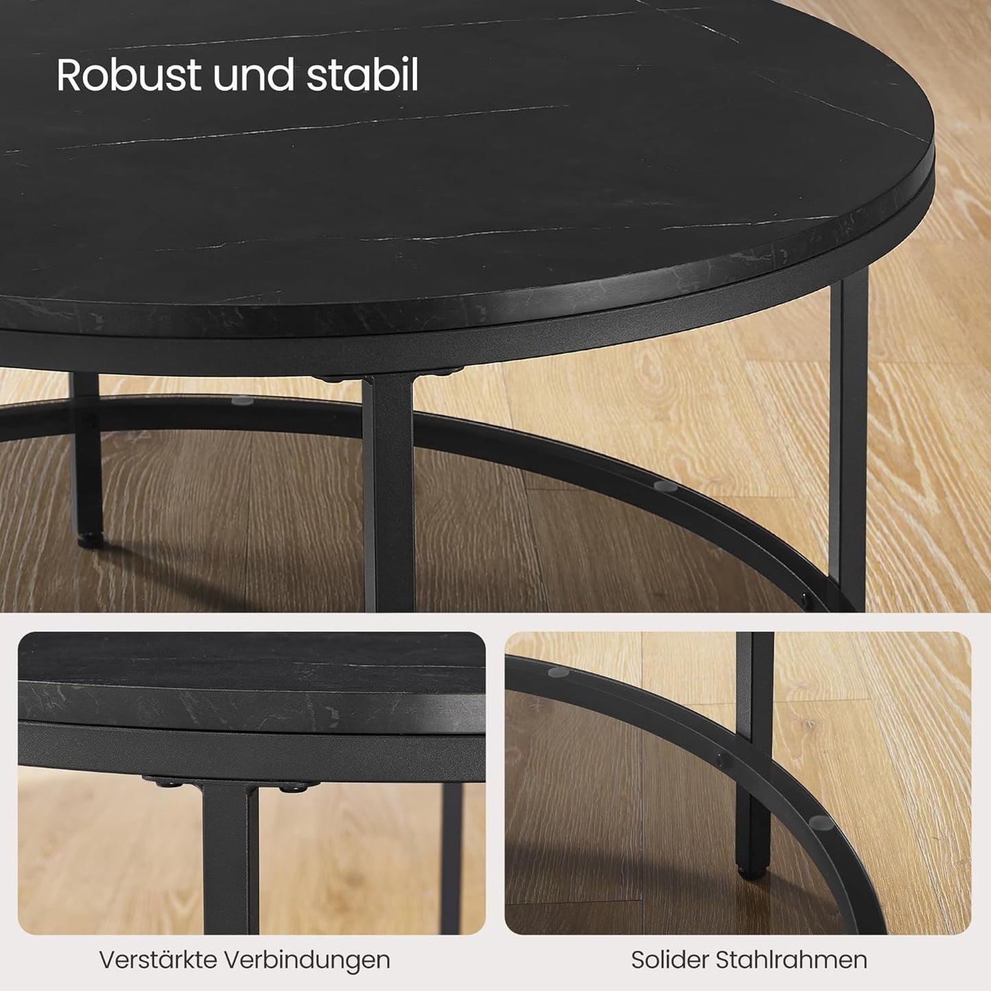 Moderner Couchtisch mit Glasplatte und Stauraum, LCT071B58, 80d cm Marmorschwarz + Tintenschwarz