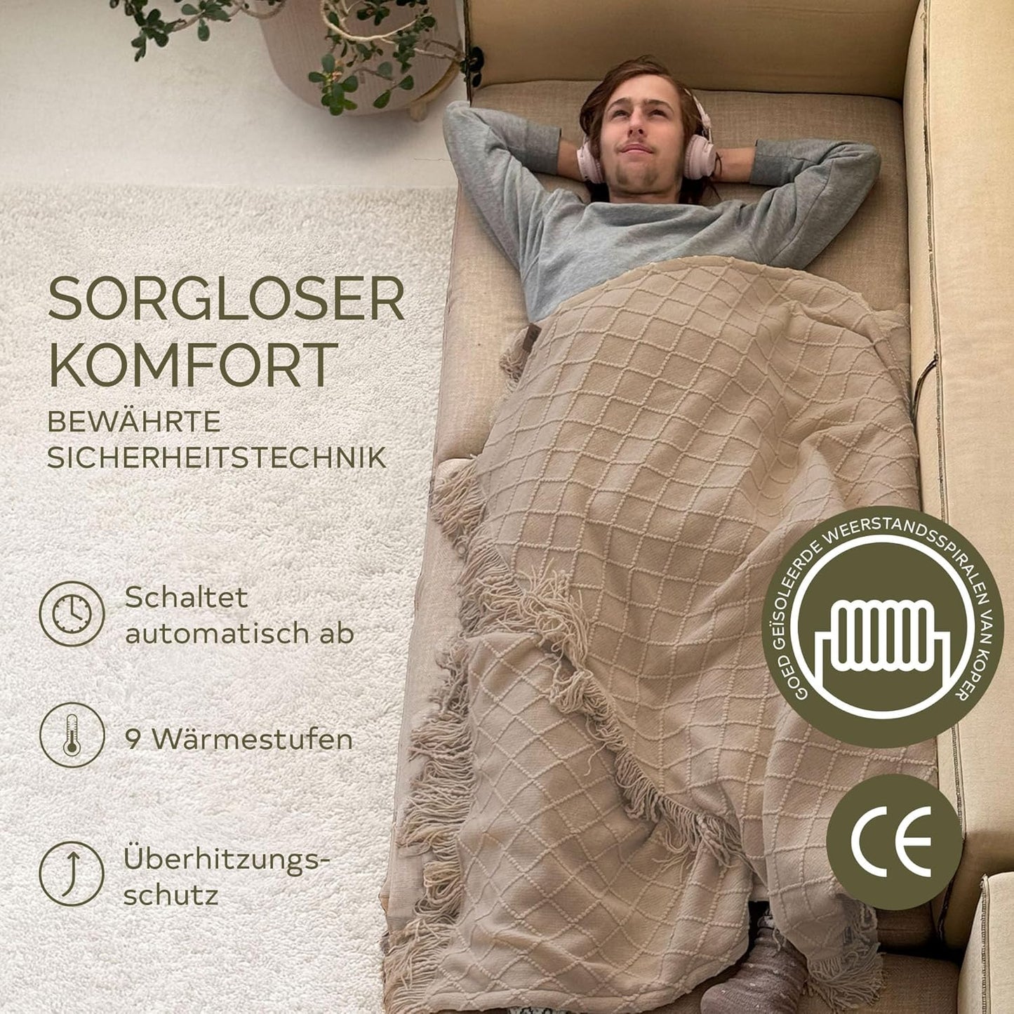 Heizdecke mit Timer & 9 Heizstufen, Taupe Dawn