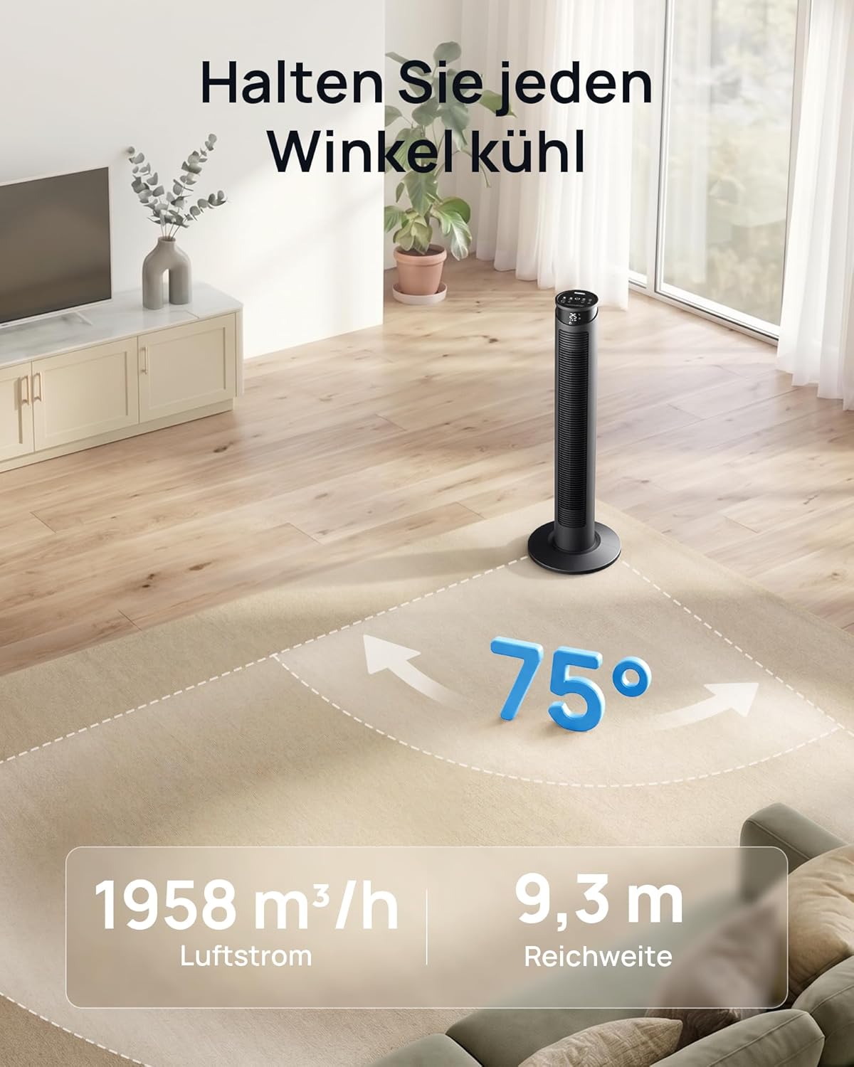 Leiser Turmventilator mit Fernbedienung, 75° Oszillation, 93 cm