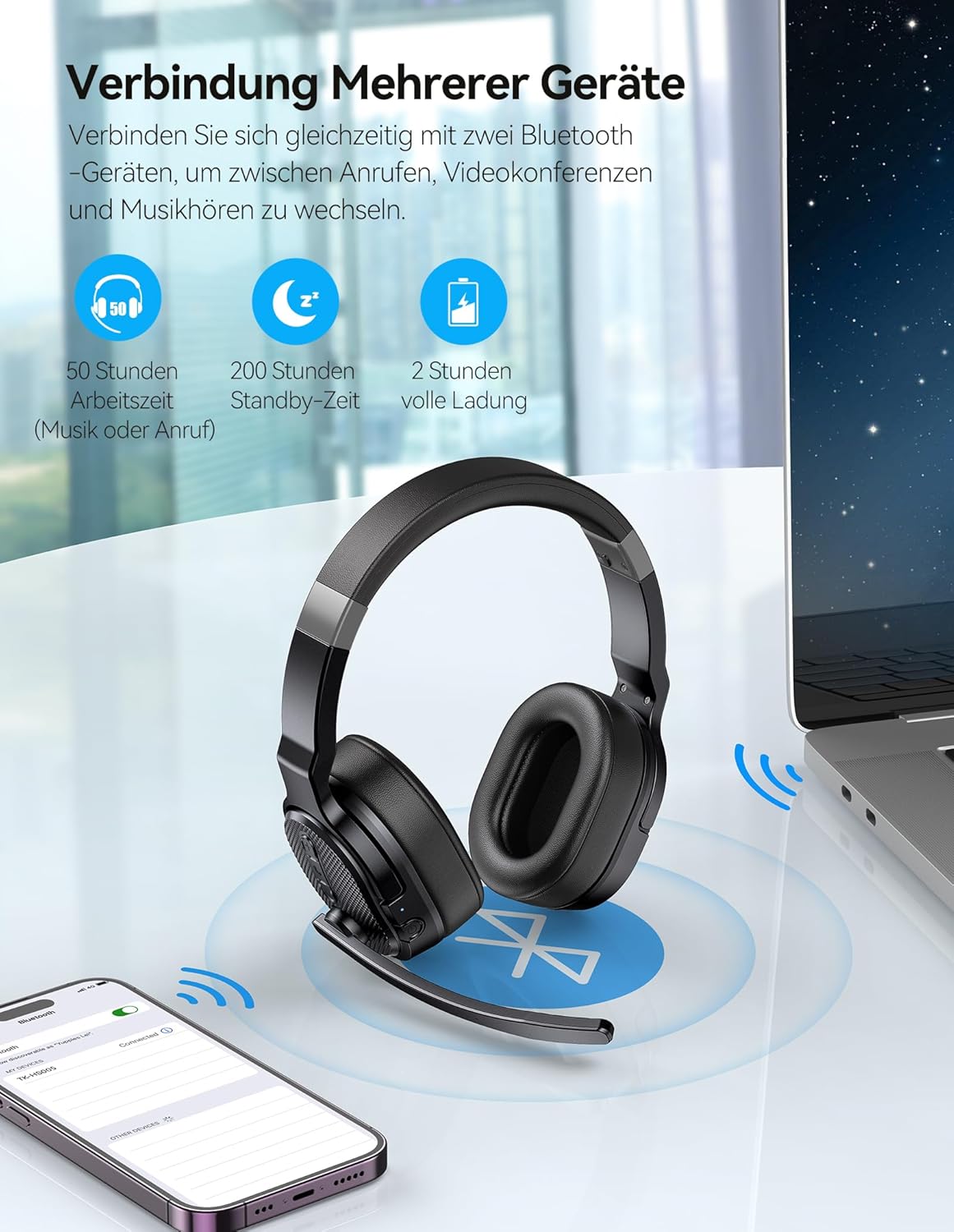 Bluetooth-Headset mit Mikrofon und Noise Cancelling, Reines Schwarz