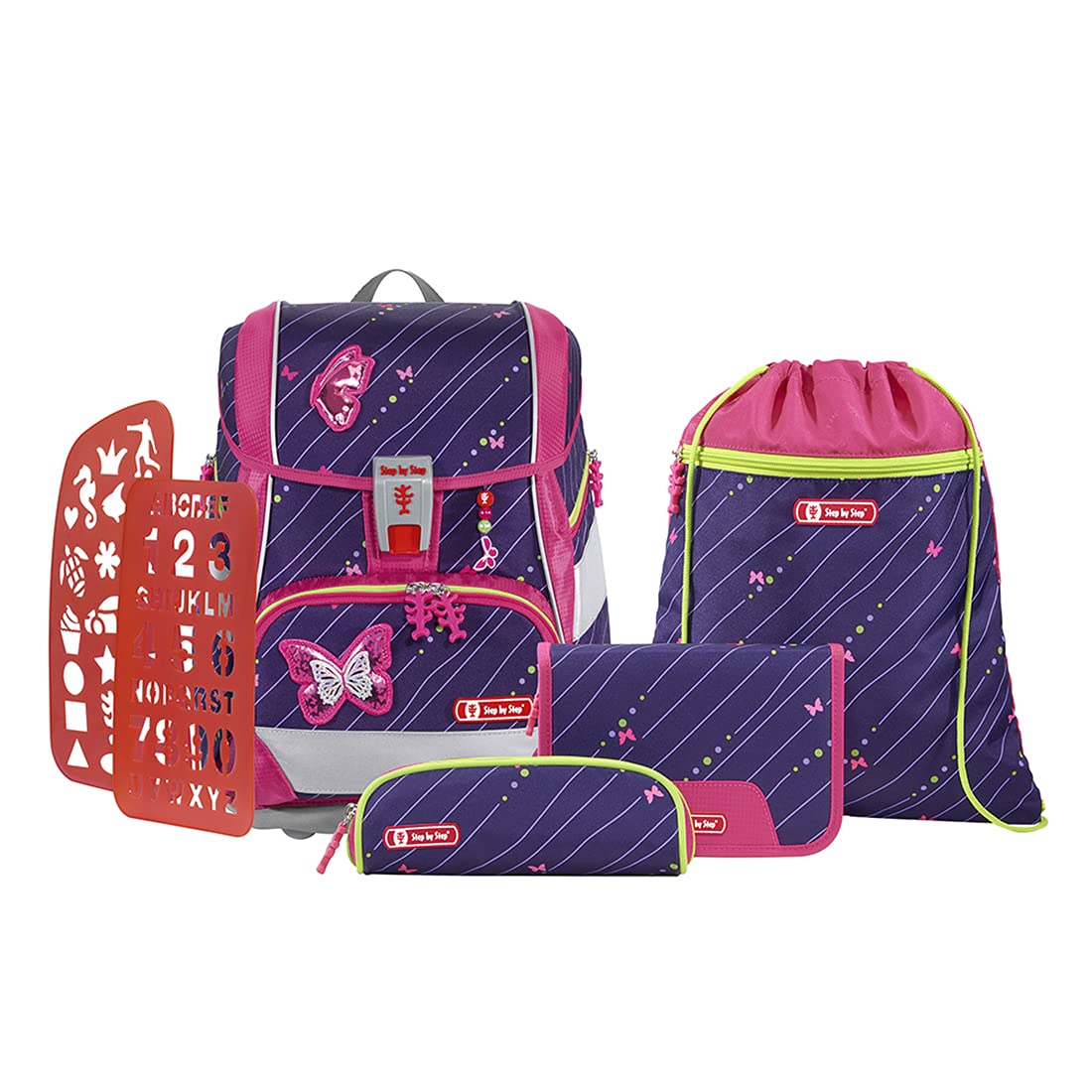 6-teiliges Schulranzen-Set Shiny Butterfly, Lila-pink
