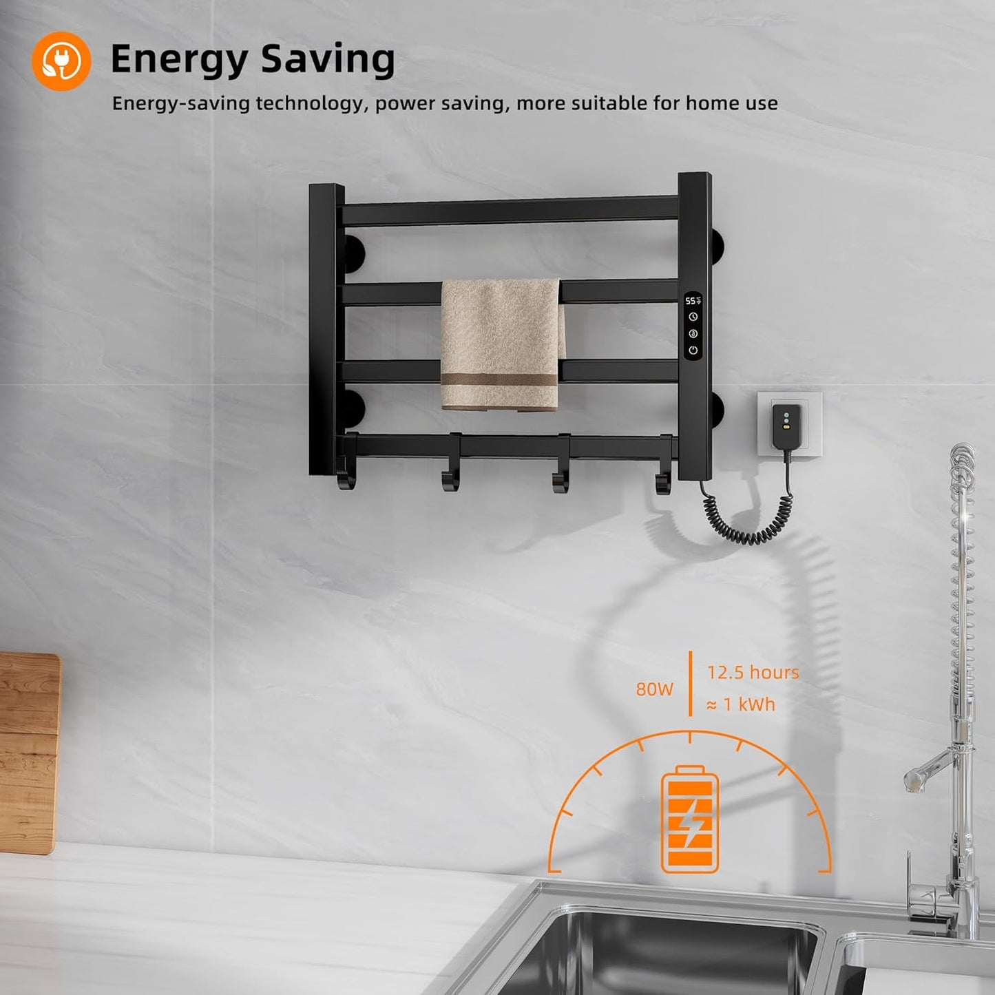 Handtuchheizkörper mit Thermostat, Black Right