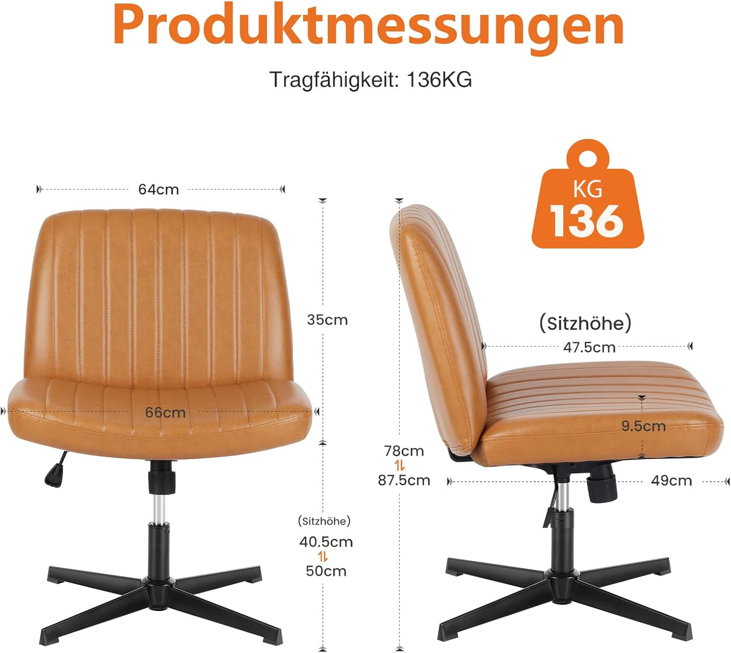 Höhenverstellbarer Bürostuhl ohne Armlehnen, Braun PU-Leder
