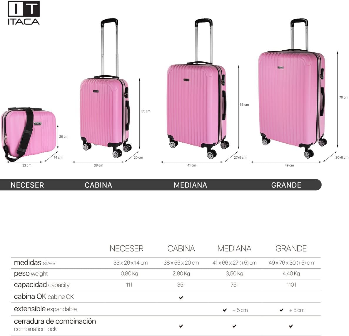 3-teiliges Hartschalen-Kofferset, Rosa 55 cm + 66 cm + 76 cm