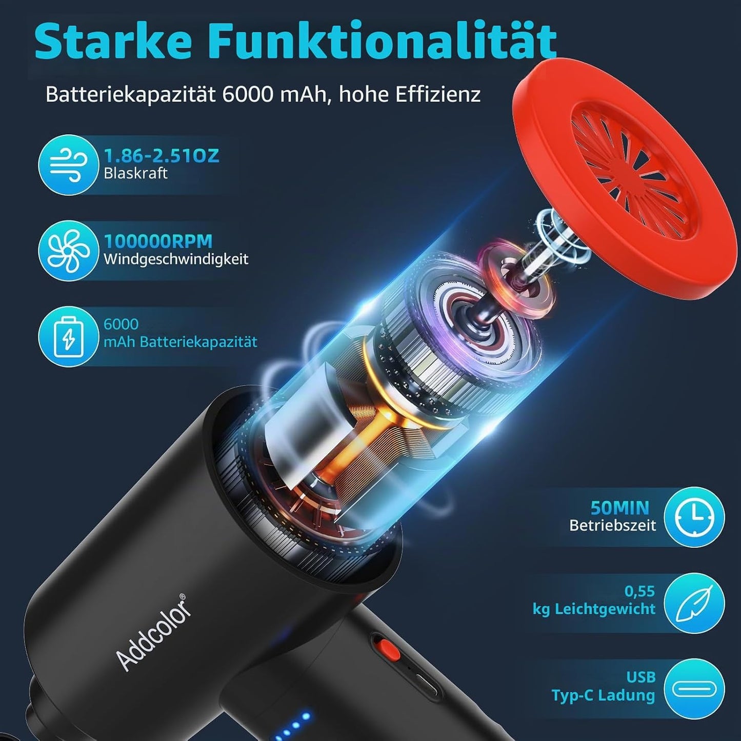 Elektrisches Staubgebläse AD38 mit LED-Licht und 3-Gang, Schwarz