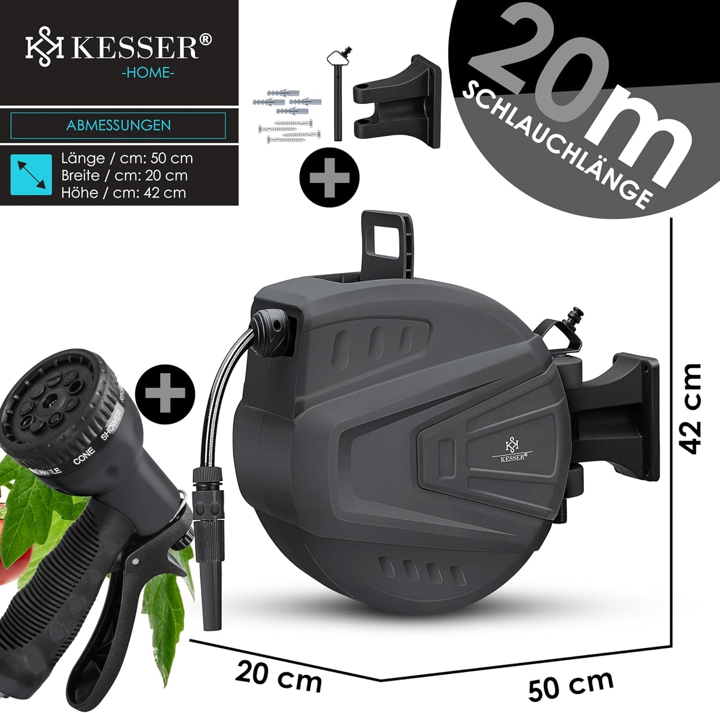 Schlauchaufroller mit Gartenschlauch, Anthrazit 20 m