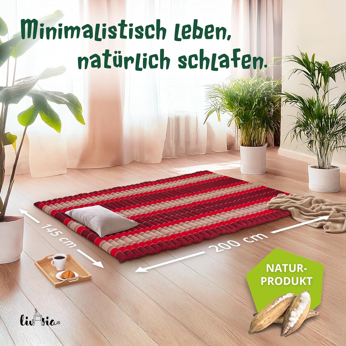 Rollmatratze Gästebett Thaimatte (L-200x145x4,5cm), XL (200 x 145 cm) Rubinrot