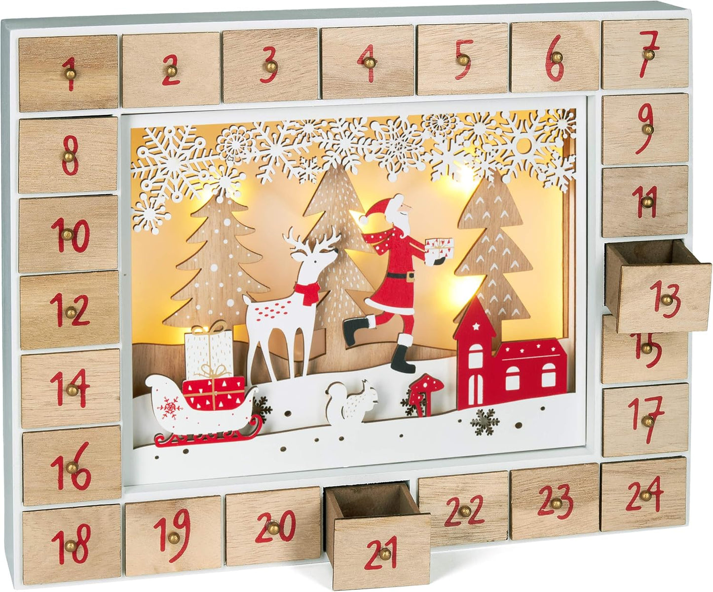 Adventskalender aus Holz zum Befüllen, Weihnachtsmann im Wald mit LED Beleuchtung