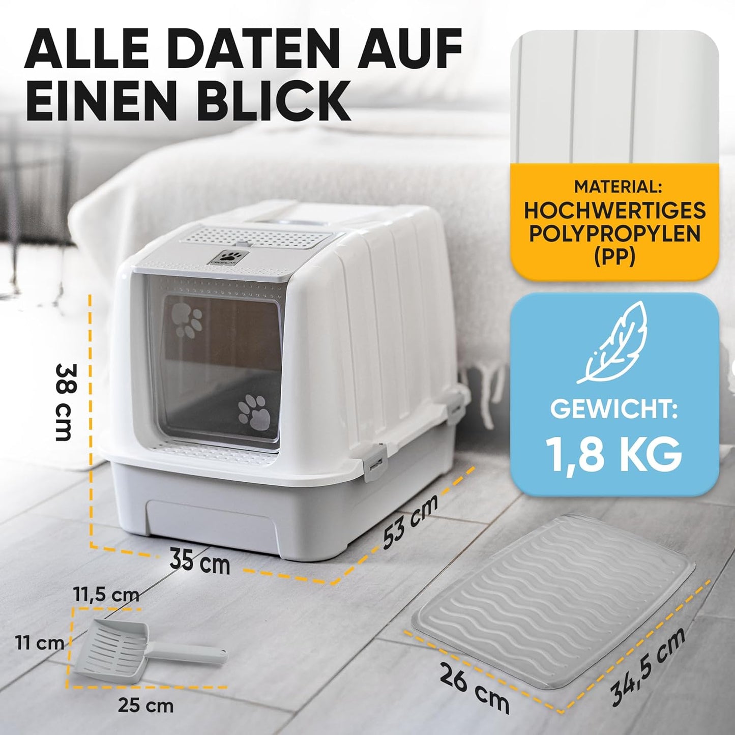 Geschlossene Katzentoilette mit Aktivkohlefilter, geschlossen weiss