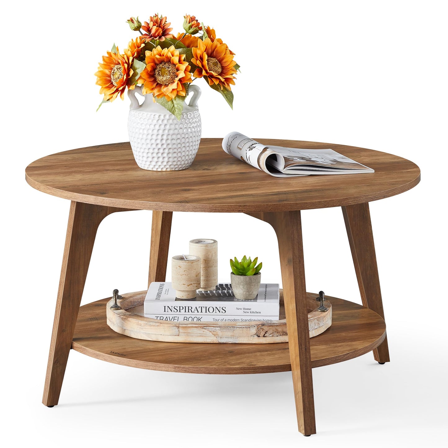 Runder Couchtisch mit 2 Ebenen, 80 cm Durchmesser, Honigbraun
