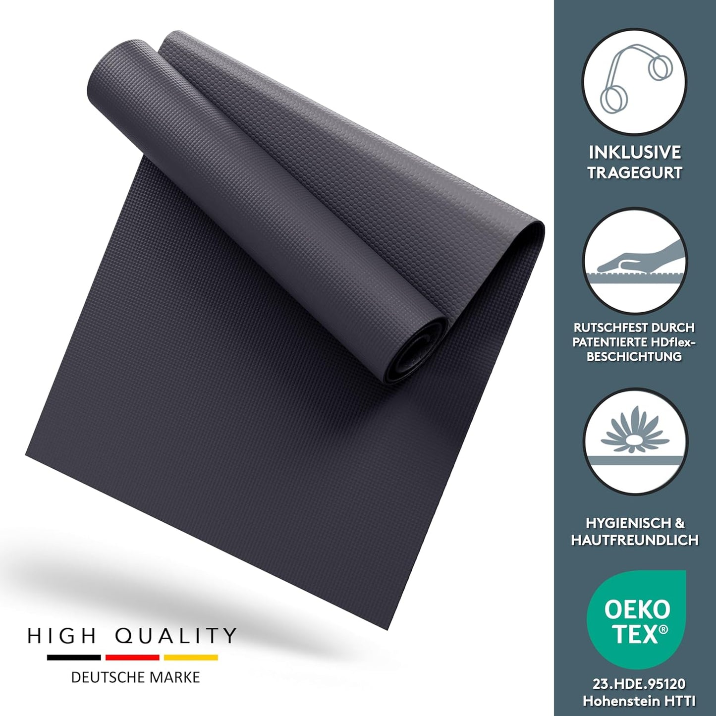 Yoga- und Fitnessmatte mit Tragegurt (180x60cm), 60 x 180 cm Anthrazit