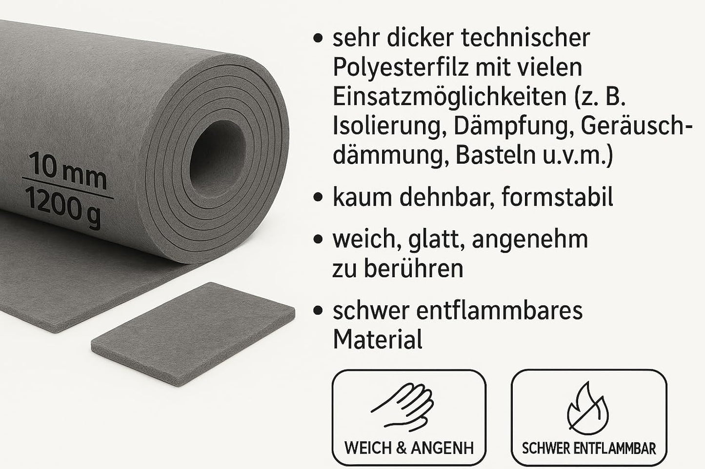 Filzmatte 10mm Meterware, 160x50 cm