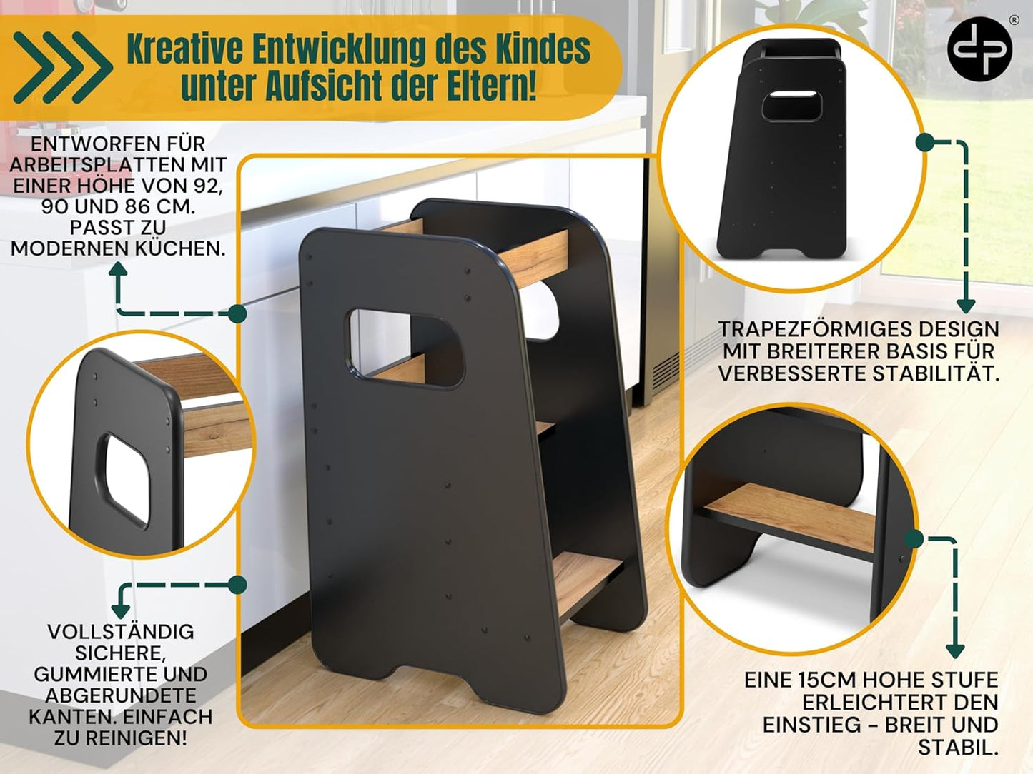 Lernturm, höhenverstellbar, kippsicher, Schwarz + Eiche