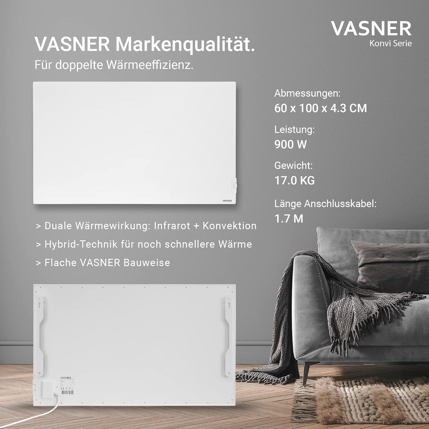 Konvi Infrarotheizung mit Thermostat, 900 Watt