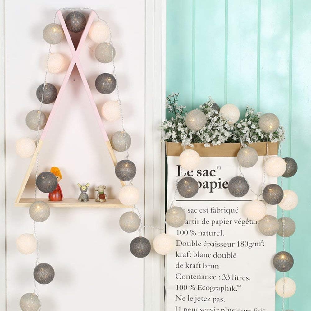 LED-Lichterkette mit 20 Baumwollkugeln, Grau Stecker