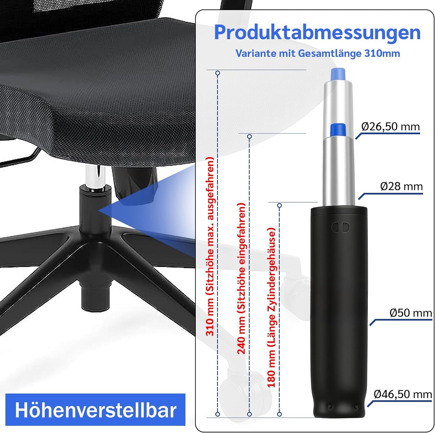 Gasdruckfeder für Bürostühle, bis 200kg, 310 mm Gesamtlänge Schwarz