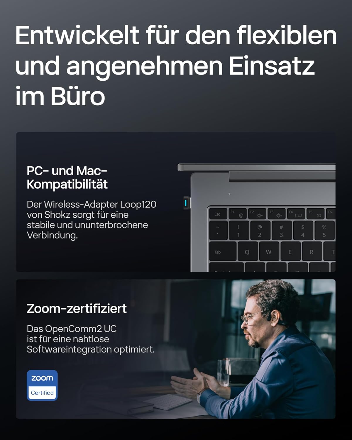 OpenComm2 UC Knochenschall-Headset, USB-A-Adapter (USB-C Laden)