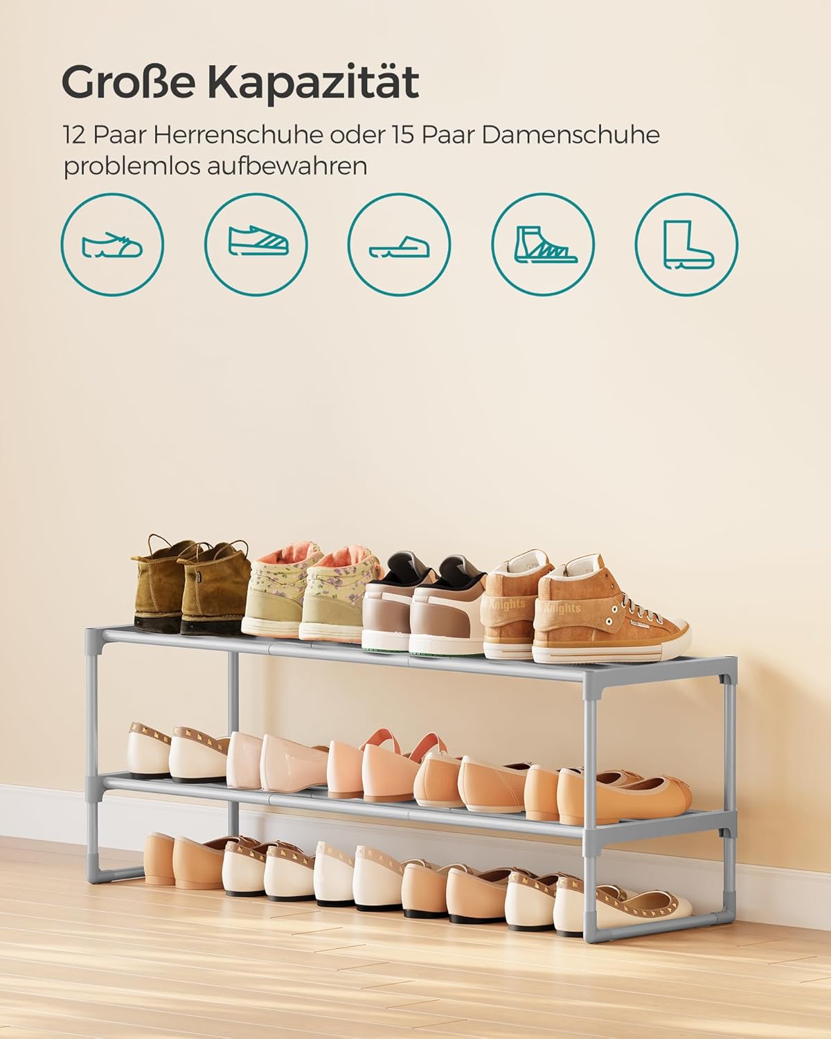 2 Ebenen Schuhregal, LSA012G01, erweiterbar, 2 Ebenen (92B cm) Grau