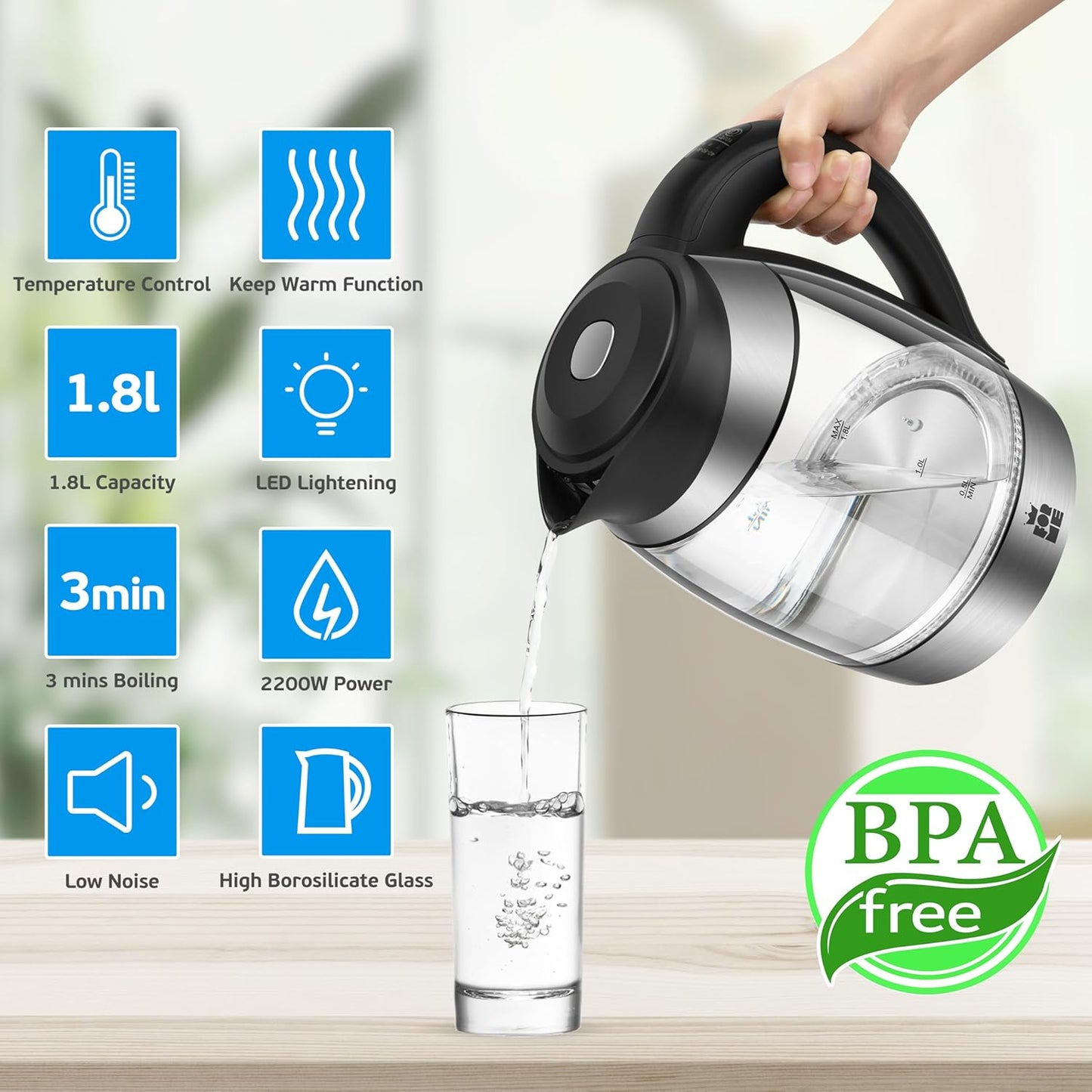 Wasserkocher mit Teesieb und Temperatureinstellung, Schwarz 458