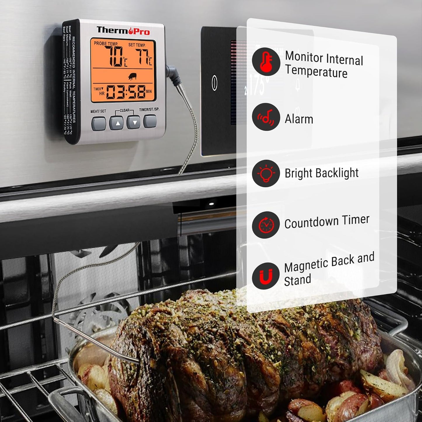 Digitales Grill- und Bratenthermometer mit Timer, Edelstahl mit Hintergrundbeleuchtung