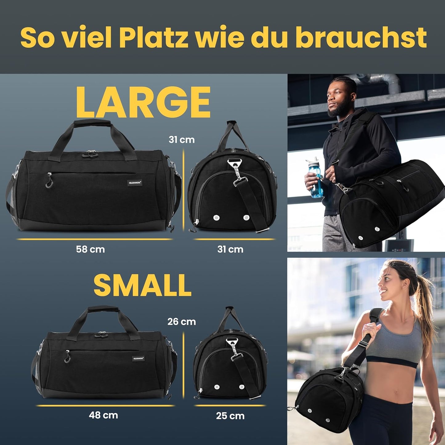 Sport- und Reisetasche mit Schuh- und Nassfach, Schwarz 48 x 26 x 25 cm (Small 30L)