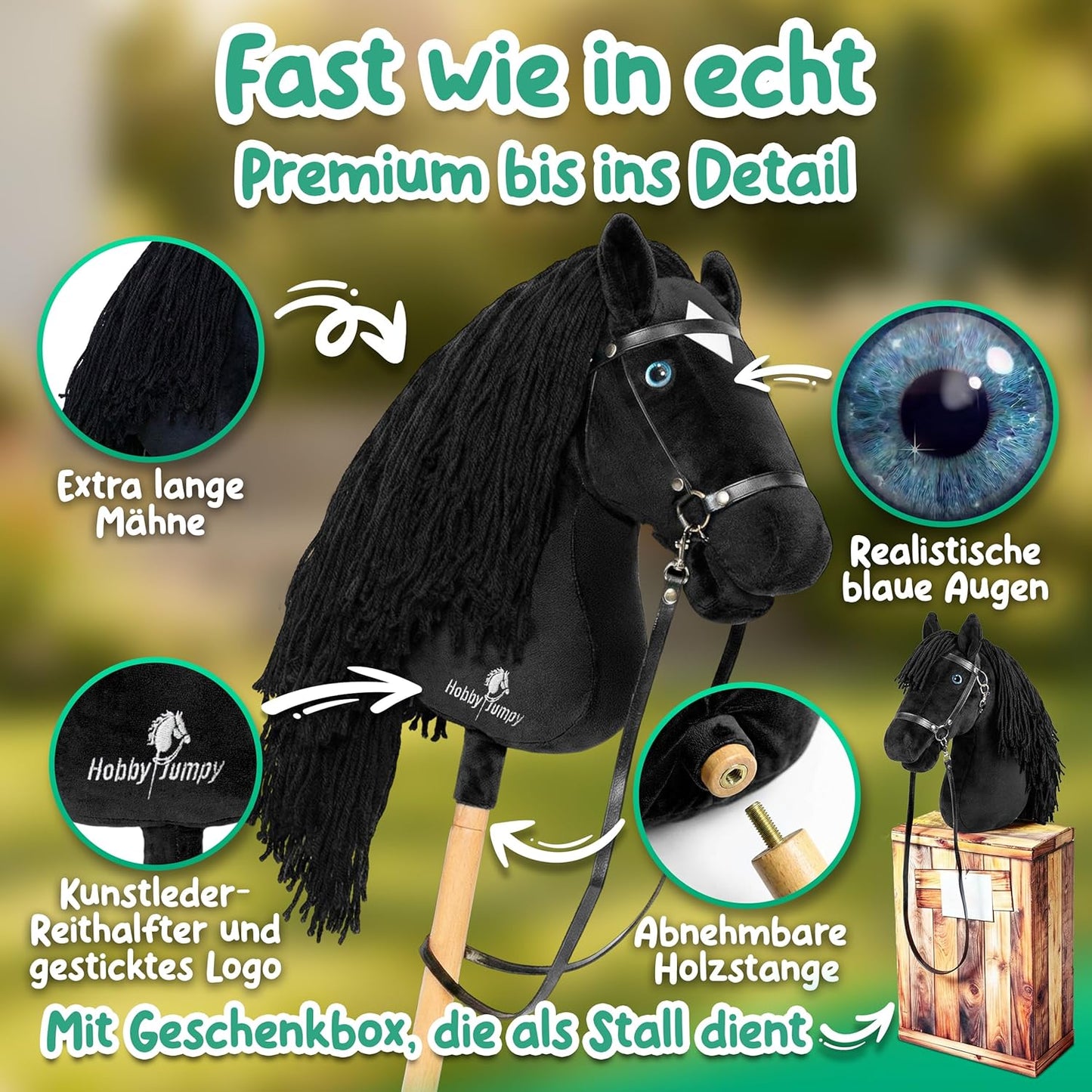 Blue SoulSteckenpferd mit realistischen Augen und Stall-Geschenkbox, Schwarz