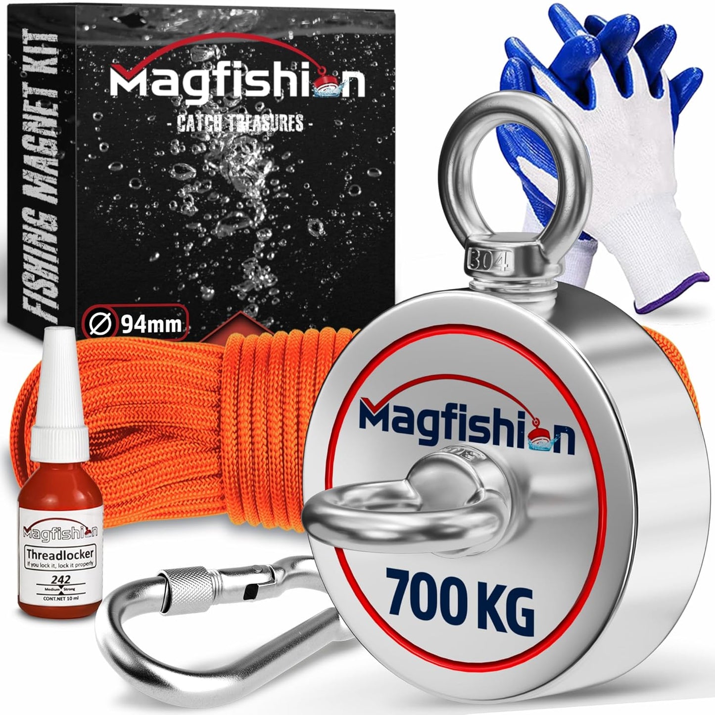 Magnetfischen Set - Neodym Magnet 700 KG mit Seil & Handschuhe, Ø 94 mm