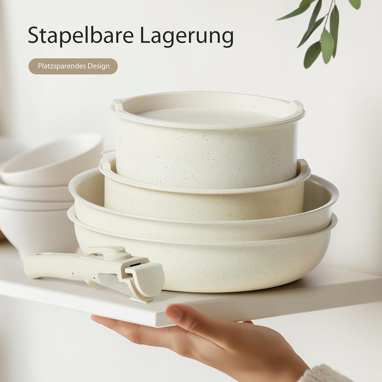12-teiliges Töpfe und Pfannen Set mit abnehmbaren Griffen, Beige 12-Piece Set