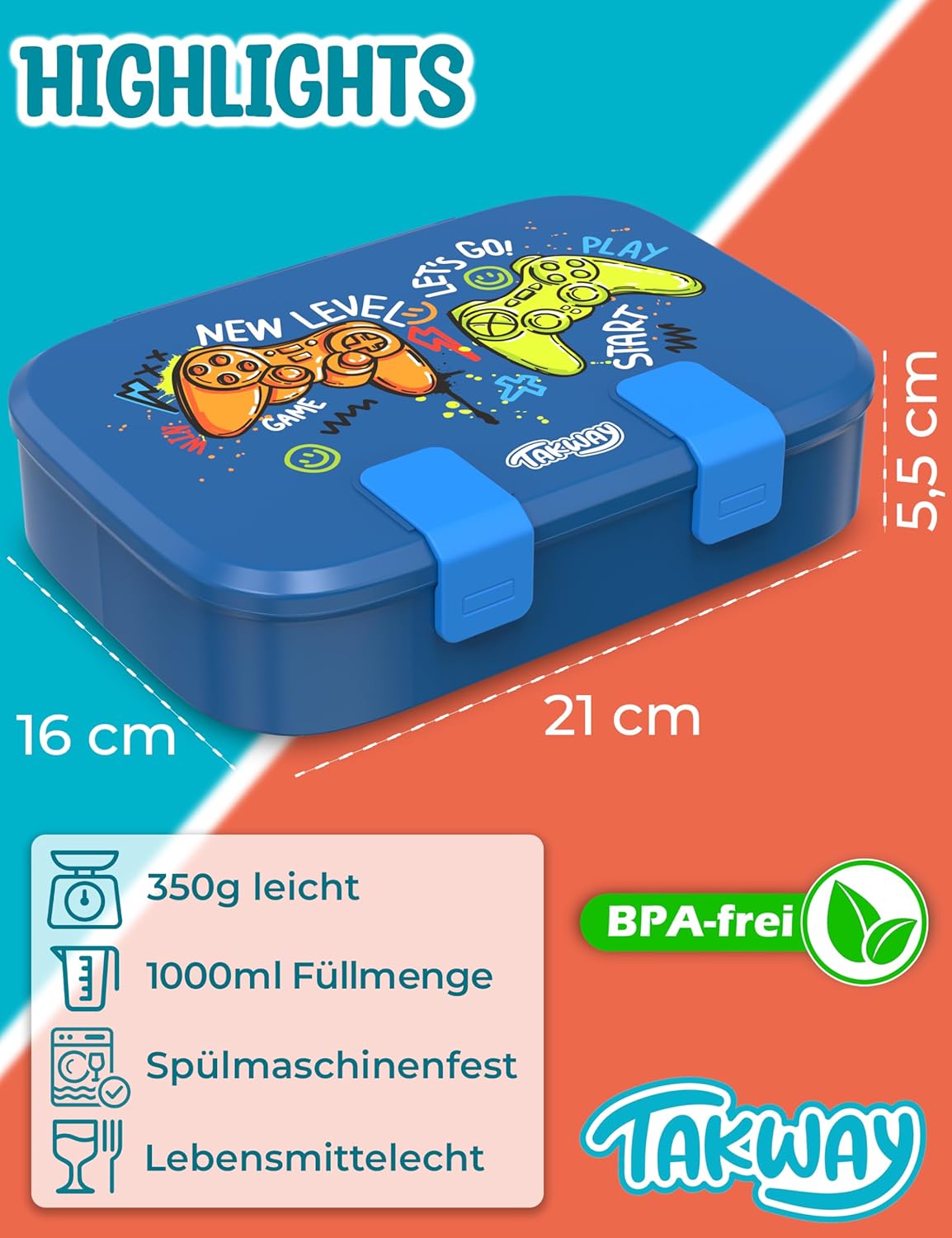 Brotdose für Kinder mit Fächern - Bento Box BPA-frei, Gaming