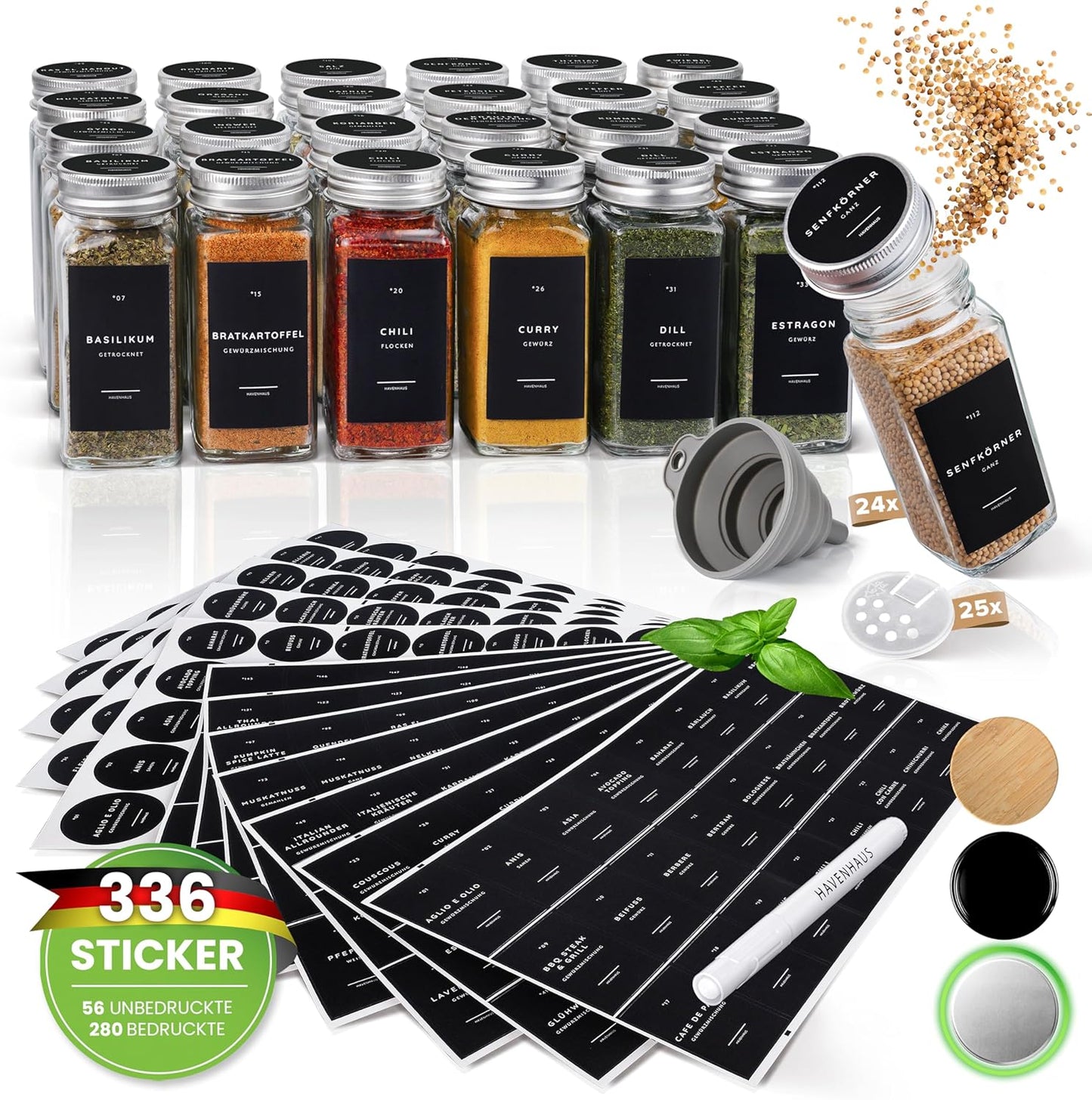 24er-Pack Gewürzgläser Set inkl. Zubehörset, 24 Gewürzgläser Aluminium