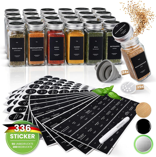 24er-Pack Gewürzgläser Set inkl. Zubehörset, 24 Gewürzgläser Aluminium