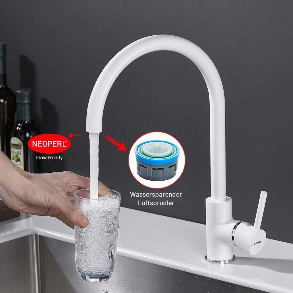 Küchenarmatur mit Hohem Auslauf, 360° Schwenkbar, Chrom / Weiss