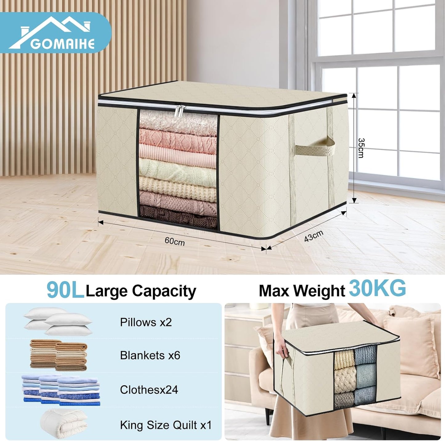 10-teiliges Aufbewahrungstaschen-Set für Kleidung, 90L x 10 Beige