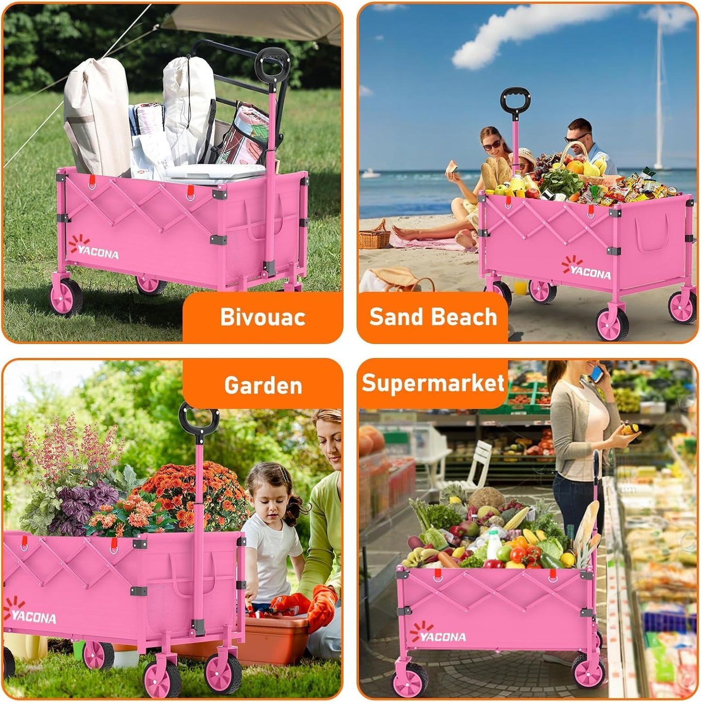 Faltbarer Bollerwagen mit verstärkten Rollen, Pink 100L