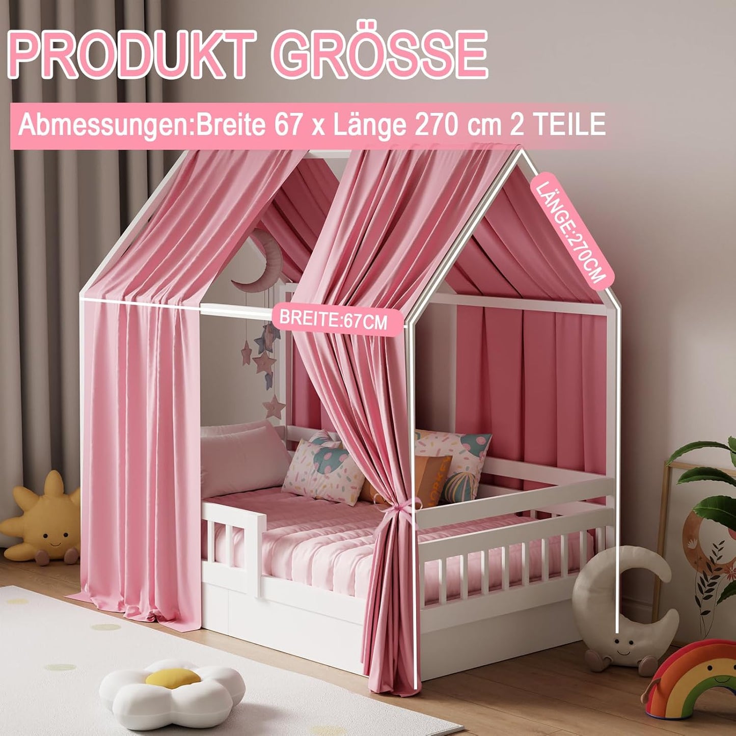 2-teiliges Betthimmel Set für Hausbetten, H270 x B67 cm (2er Pack) Rosa