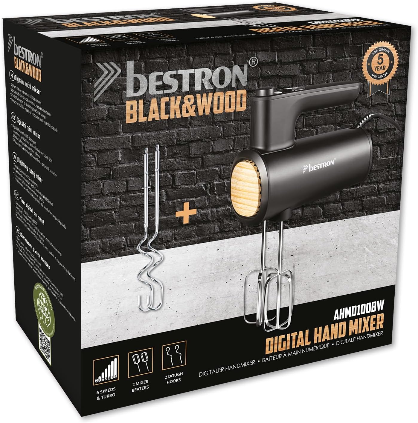 AHMD100BW Handmixer mit Turbo & LCD-Display, Schwarz-holz