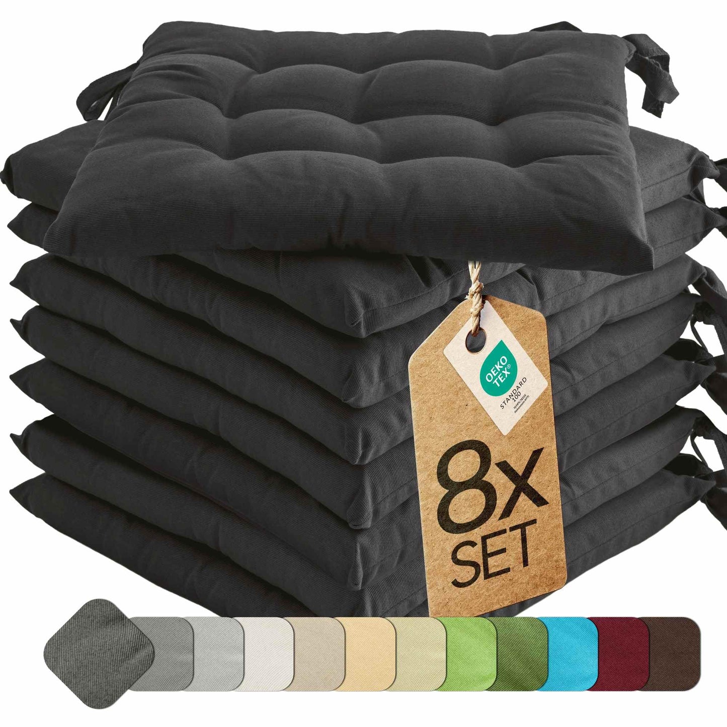 Sitzkissen-Set mit Bändern, 8 Stück - 40x40 cm Anthrazit