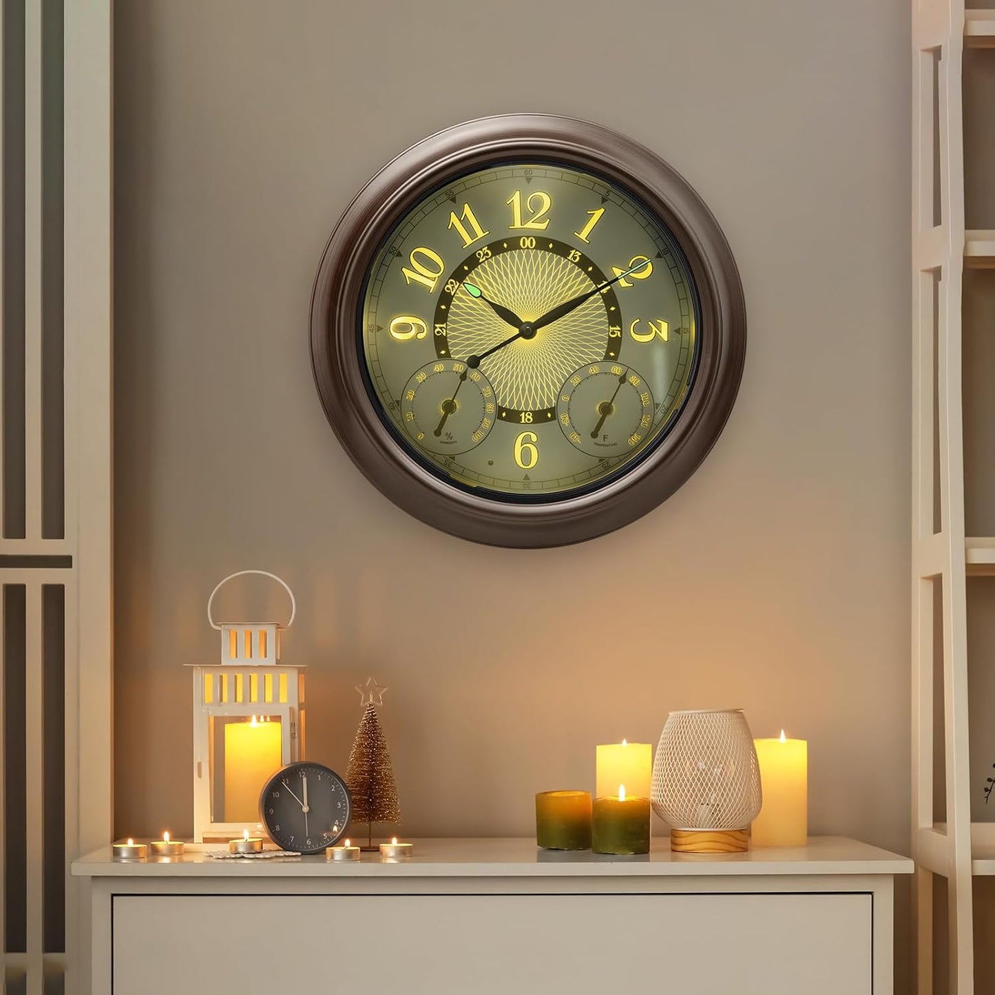 Gartenuhr wetterfest mit Thermometer & Hygrometer, Ölgeriebene Bronze 38cm