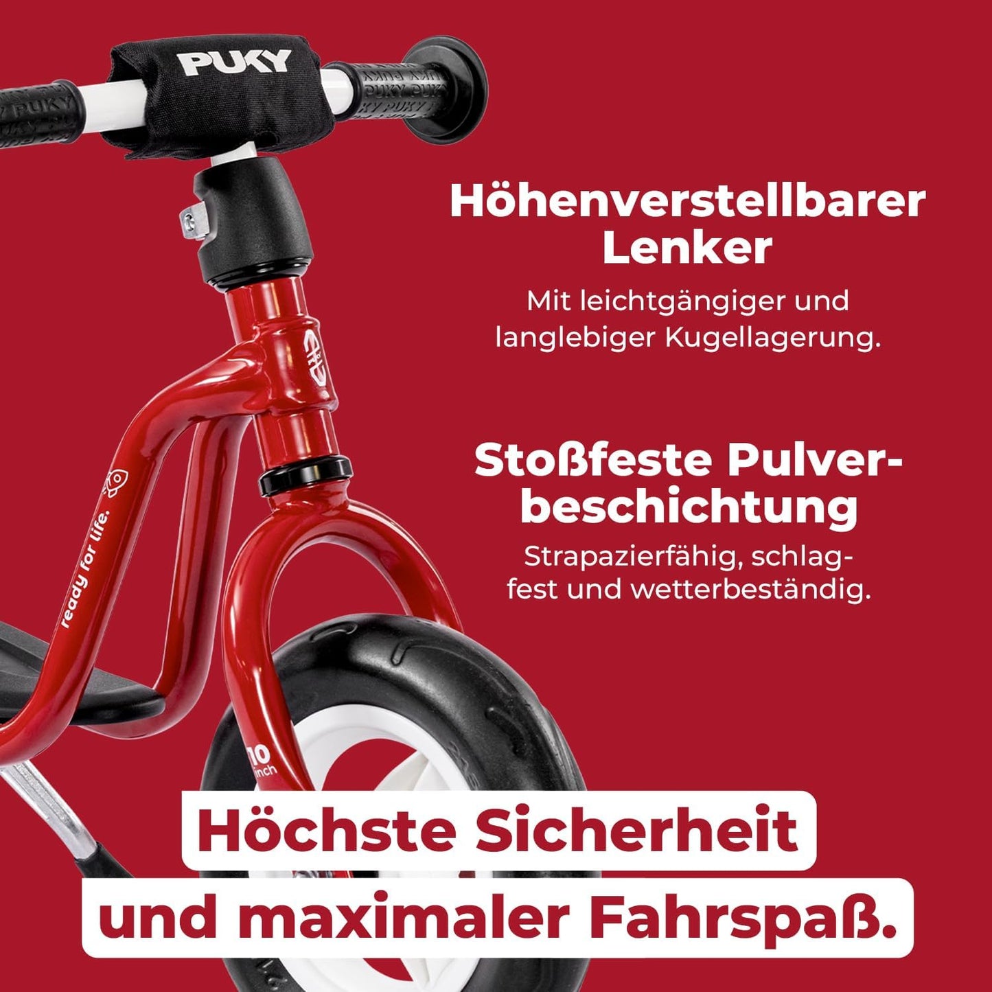 Laufrad mit Trittbrett und höhenverstellbarem Sattel, Chilli Red + Seitenständer