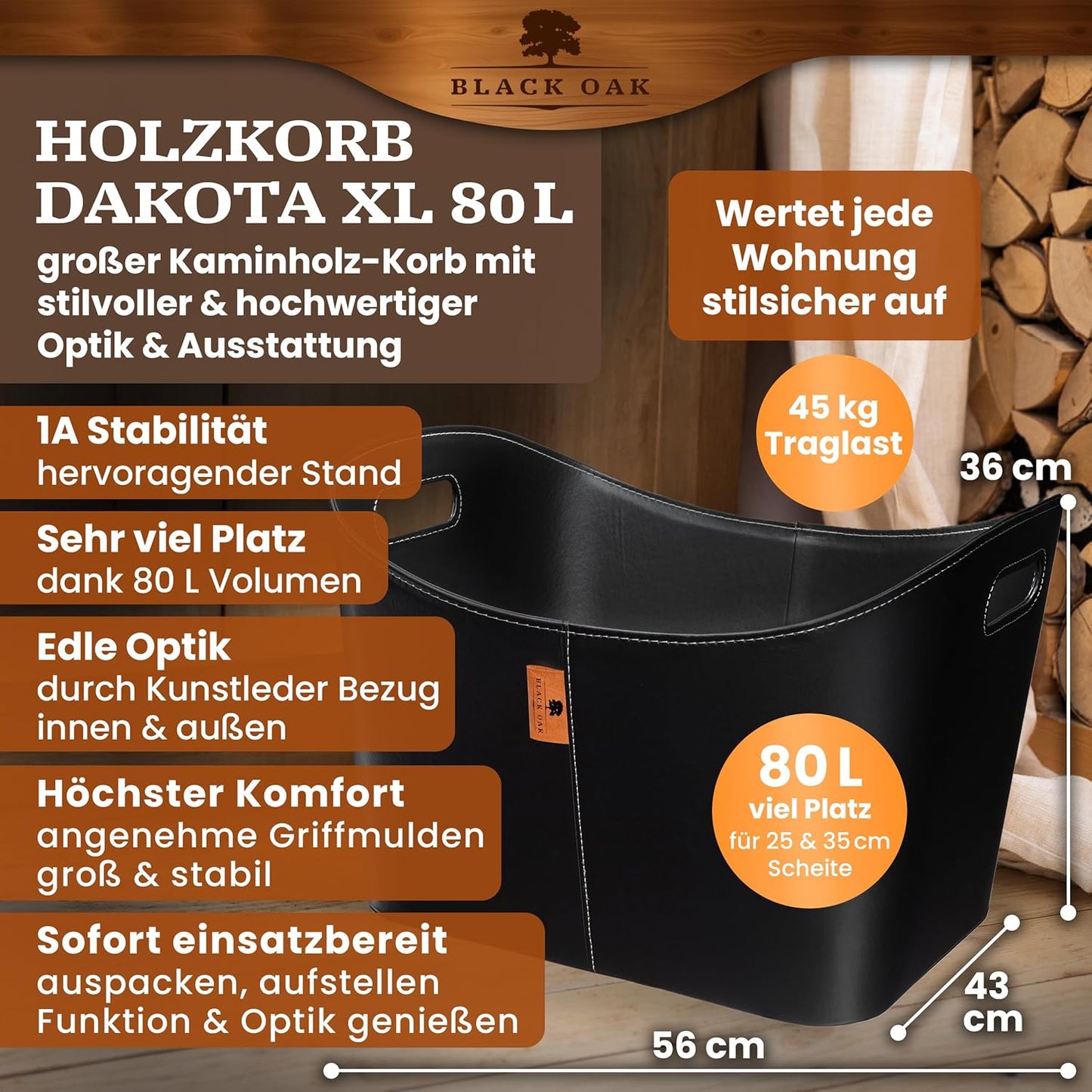Holzkorb für Kaminholz, 80 Liter 1er Set