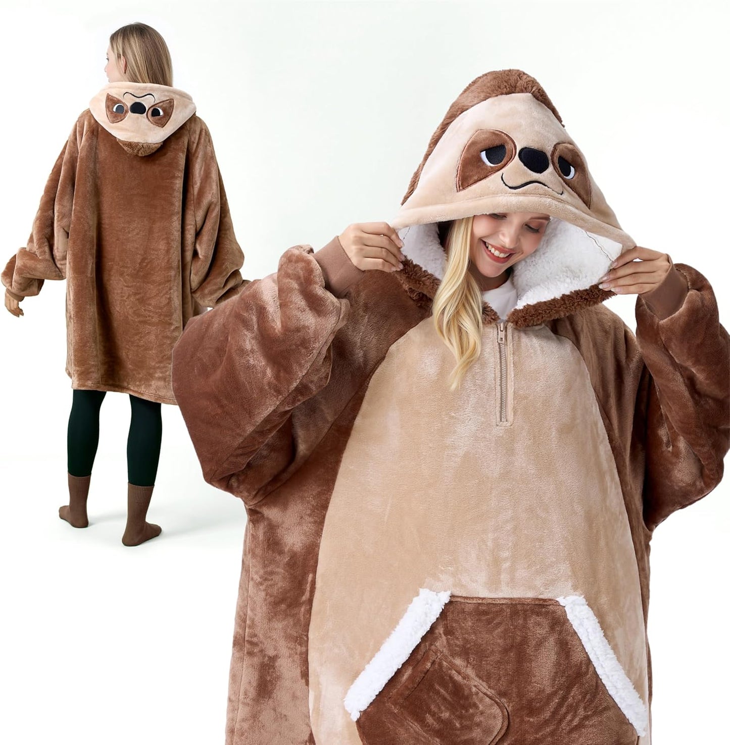 Decken-Hoodie im Faultier-Design, Erwachsener Braunes Faultier