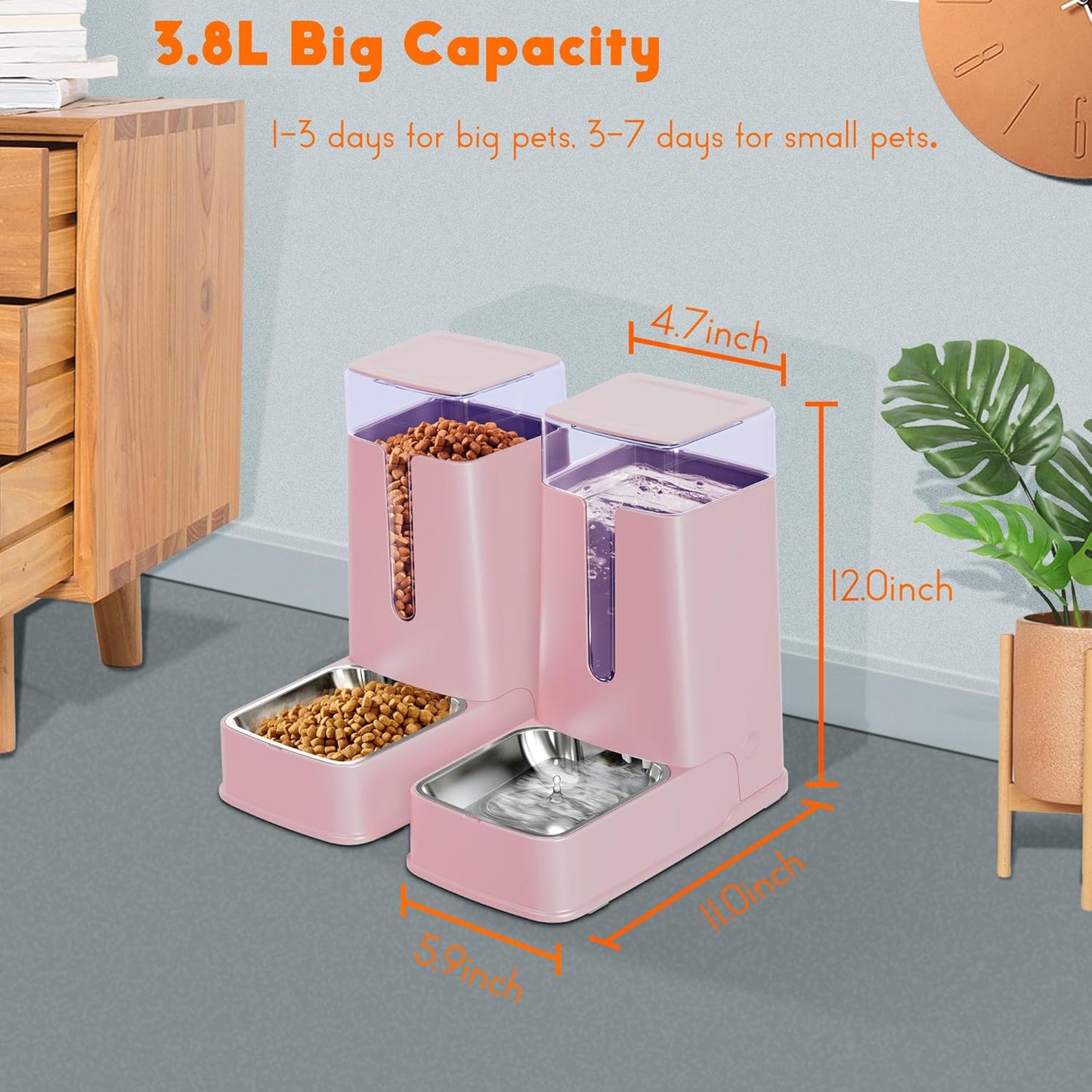Katzennahrung- und Tränkespender-Set (Schwerkraft, 3,8 l), pink