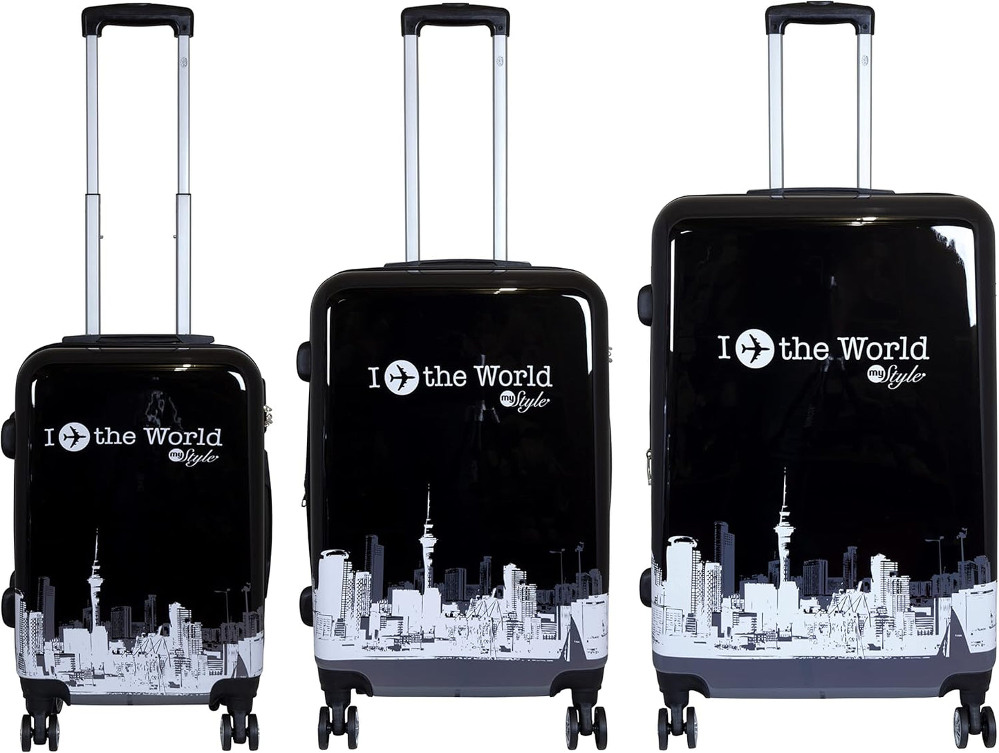 3-teiliges Hartschalen-Kofferset mit Städte-Motiv, Kofferset 3-teilig Fly The World Schwarz