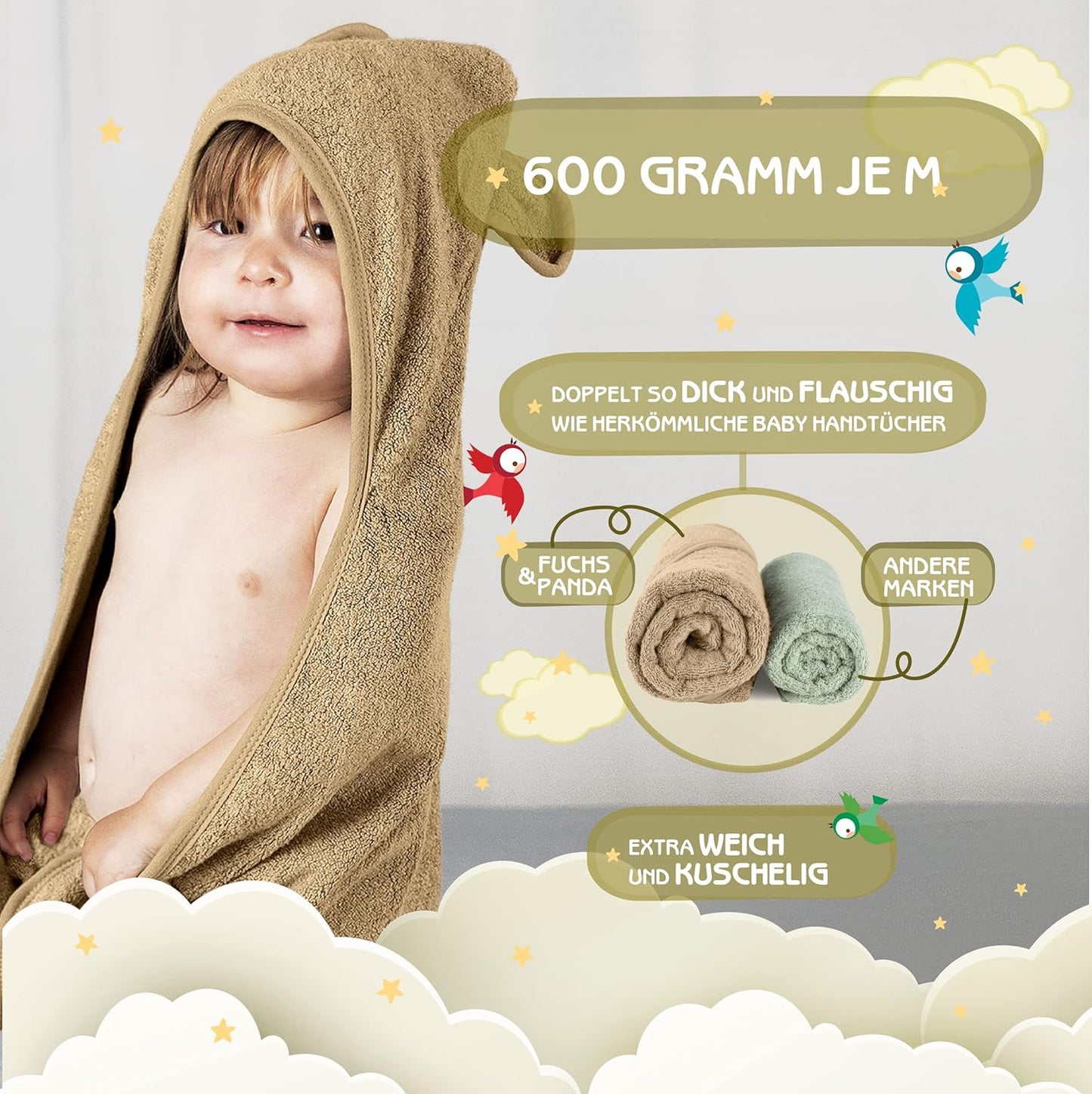 Baby Kapuzenhandtuch (extra dick & weich) 75x75cm, Mojave-beige