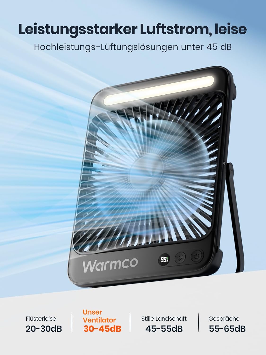 Tragbarer Campingventilator mit LED-Licht, Schwarz