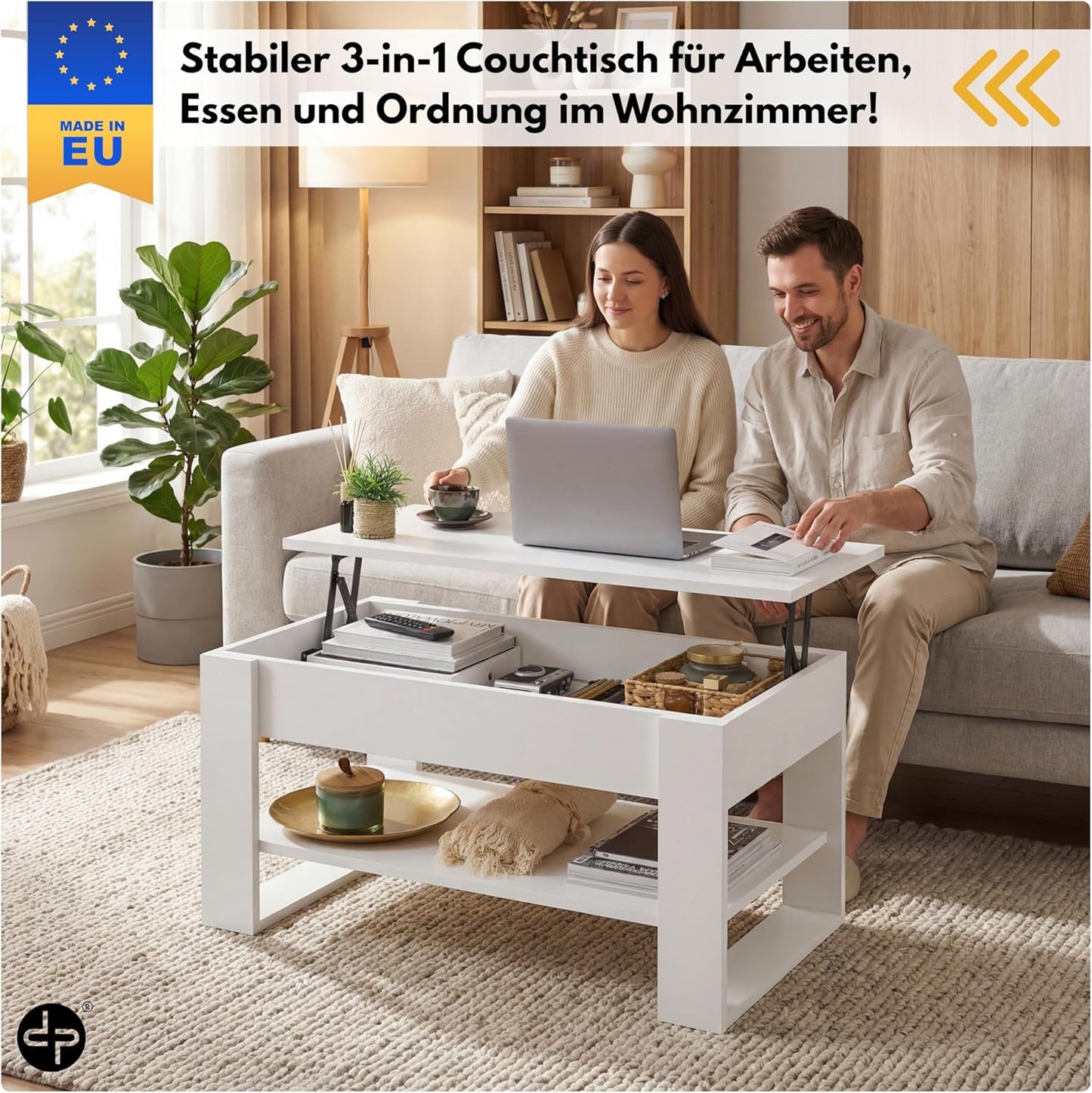 Höhenverstellbarer Couchtisch mit Stauraum und Ablage, Weiss
