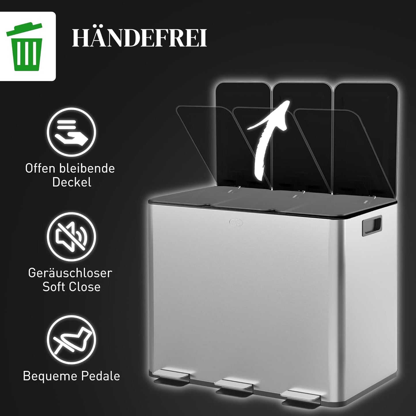 Mülltrennsystem mit Softclose Deckel, 3 x 20L Silber