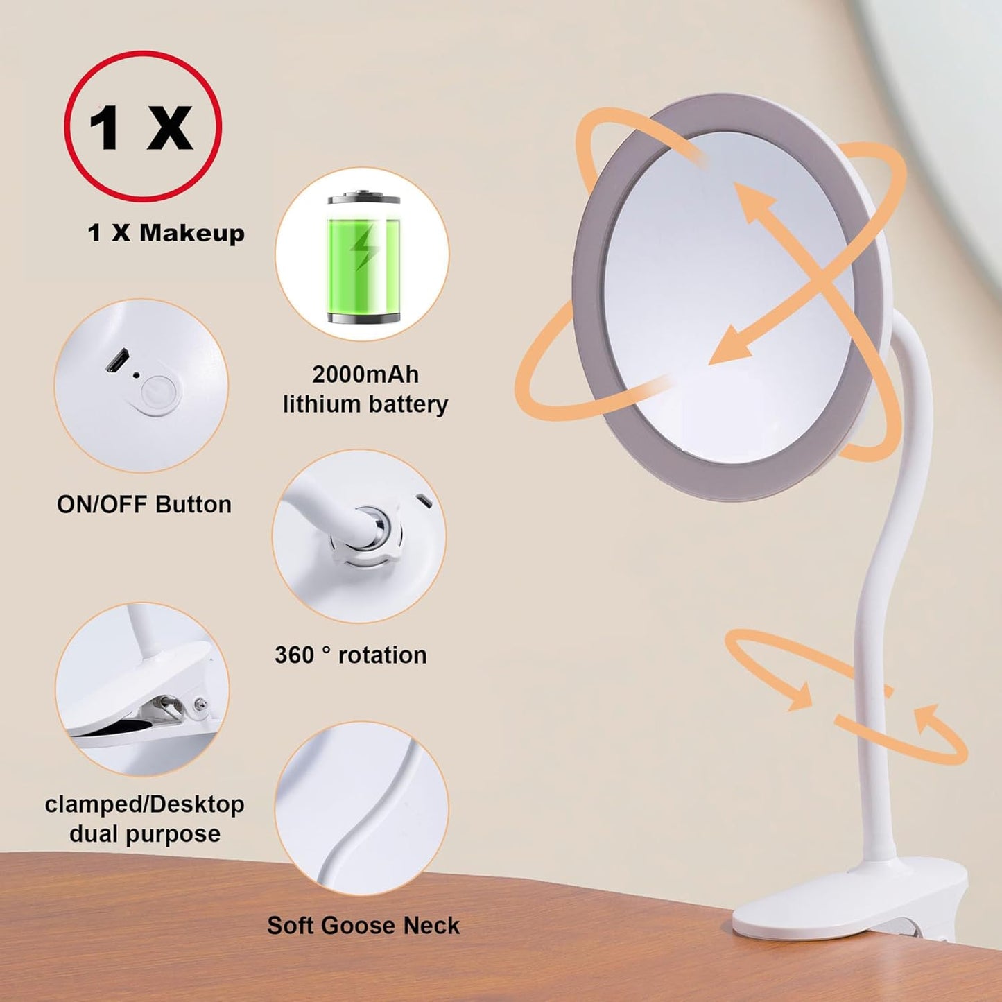 Kosmetikspiegel T03 mit LED & Schwanenhals, USB-ladbar