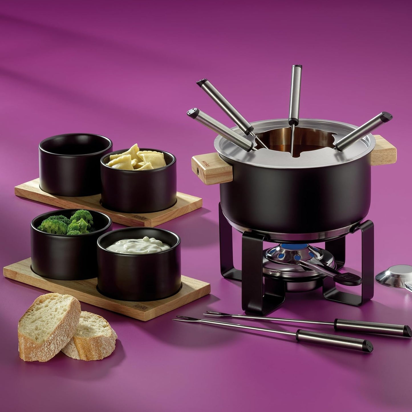Fondue-Set GUNTEN 16-teilig Edelstahl mit 4 Keramikschalen