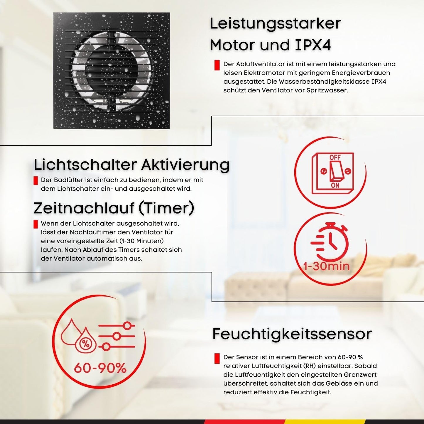 Badlüfter mit Feuchtigkeitssensor und Timer, Ø 100mm Anthrazit